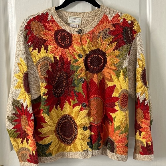 Susan Bristol Sweaters - Vintage Susan Bristol Hand-knit Sunflower Cardigan size Medium Petite